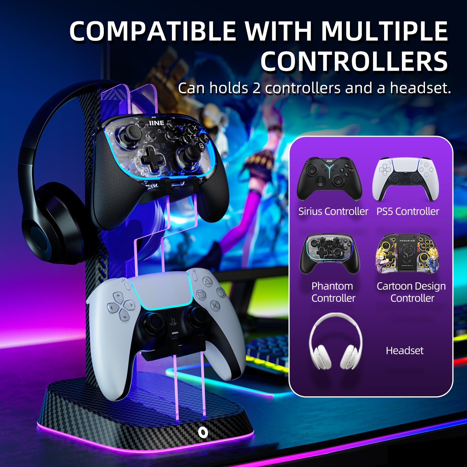 IINE RGB Universal Dual Controller Headset Holder Stand (Black) (L921) | DataBlitz