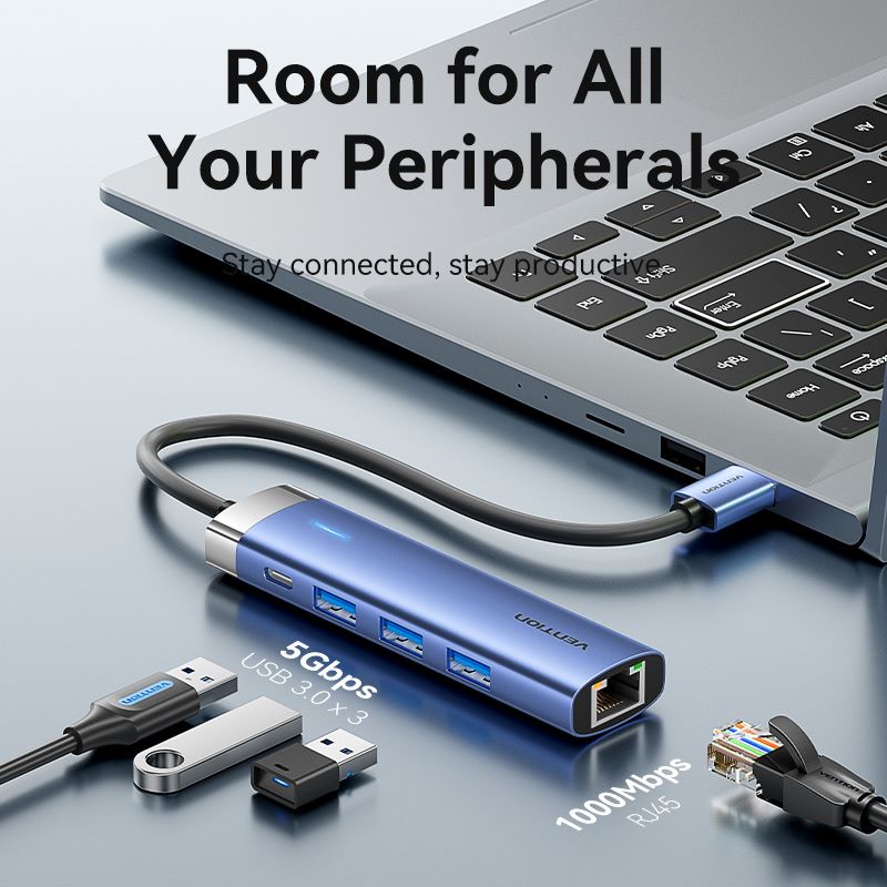Vention 5-in-1 USB 3.0 Hub - USB-A to USB 3.0 x 3 + RJ45 + USB-C