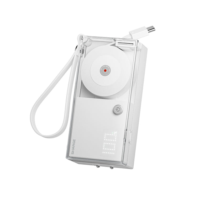 Sharge Retractable 3-in-1 Power Bank & Wall Charger 10000mAh 30W with Built-in USB-C Cable (White) (P7U)