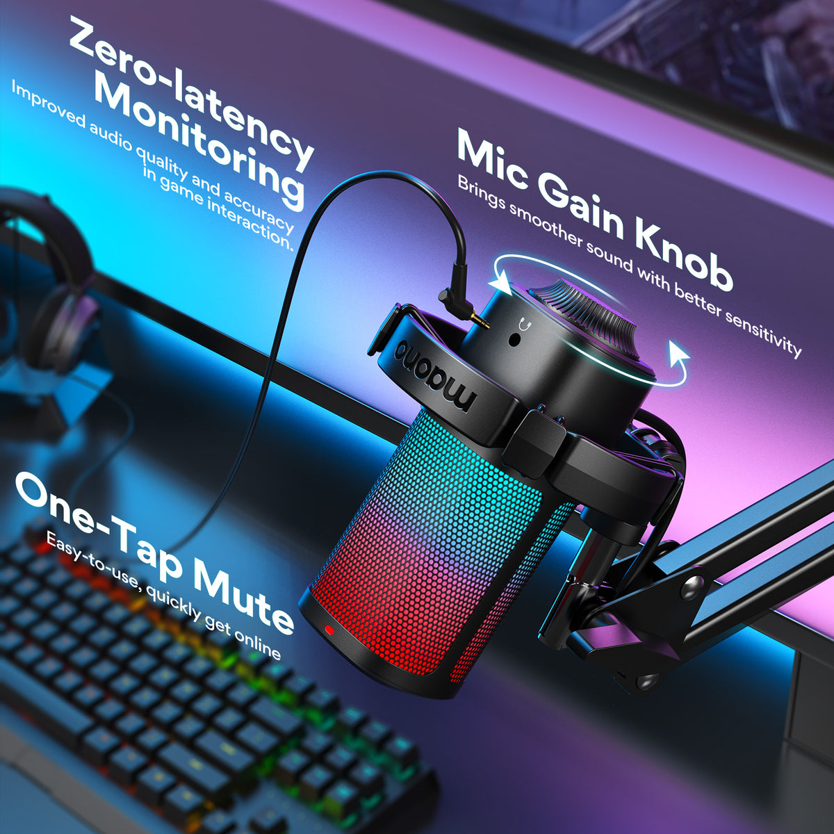 Maono DGM20G S GamerWave USB RGB Condenser Noise Canceling Microphone with Boom Arm