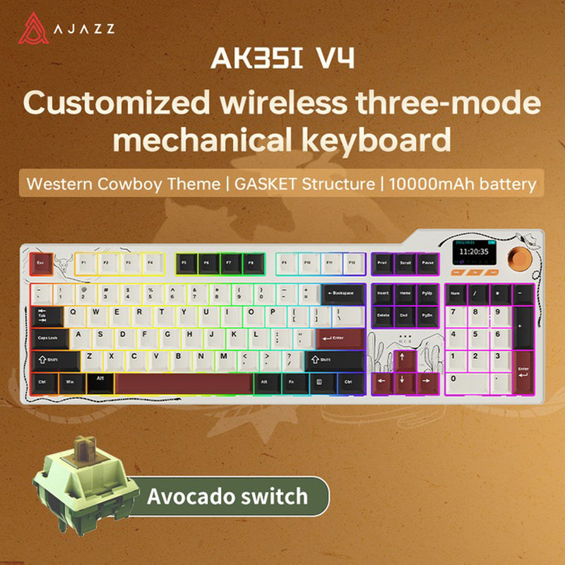 Ajazz AK35I V4 RGB Tri-Mode 100% 104-Keys Gasket-mounted Hot-Swappable Mechanical Keyboard (Black/Cream/Red) (Avocado Switch)