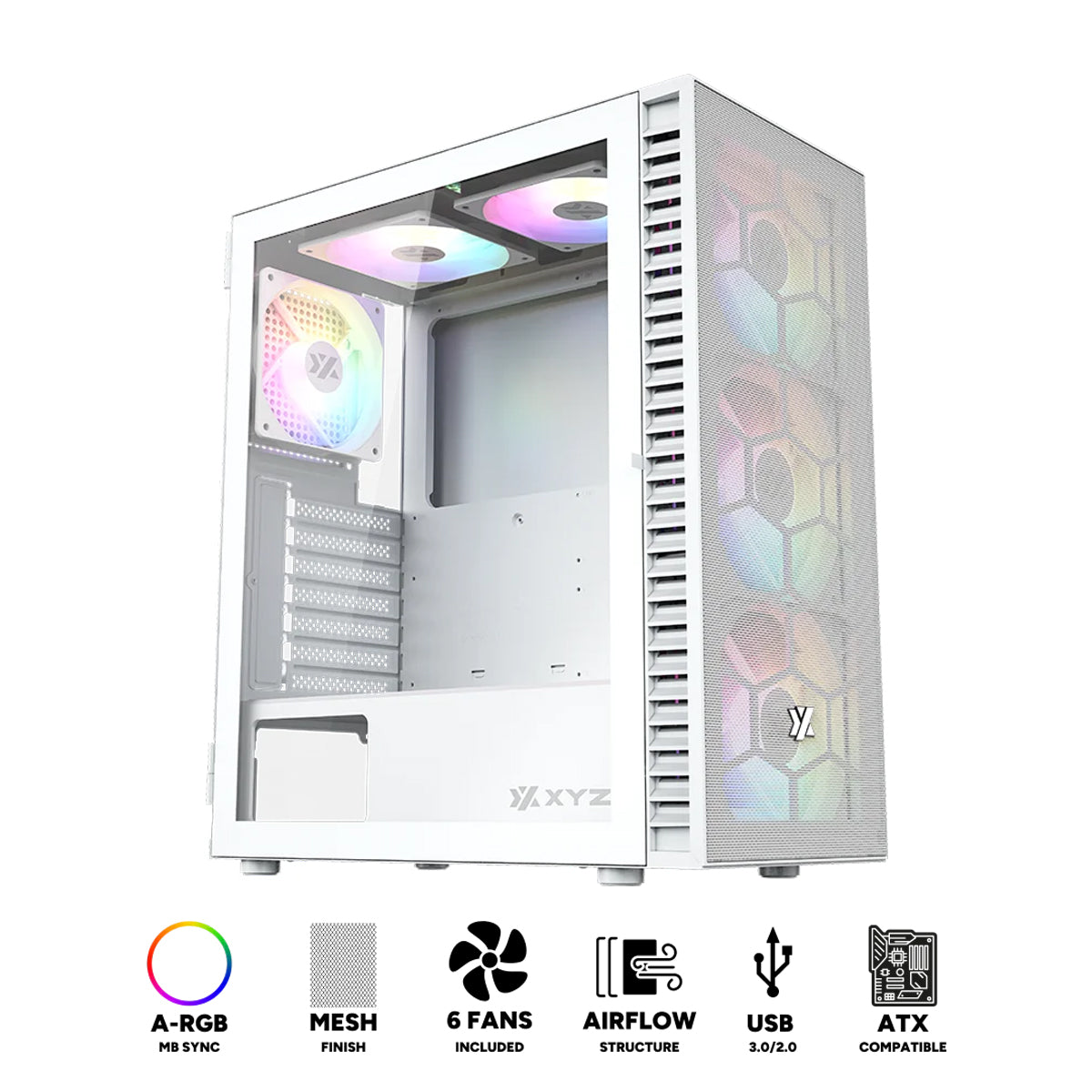 XYZ Airone 100 Mesh ATX PC Case with 6 Pre-Installed 120mm/140mm Airpulse 100 ARGB Fans (White) (X-CS-AIRONE1M-W) (XYZ-SA-805)