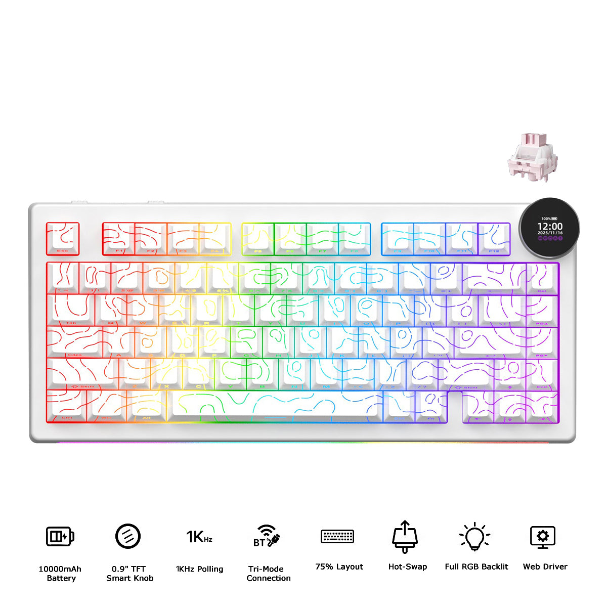 Ajazz AK820 V2 RGB Tri-Mode Mechanical Keyboard (Contour Lines White) (White Peach Switch)