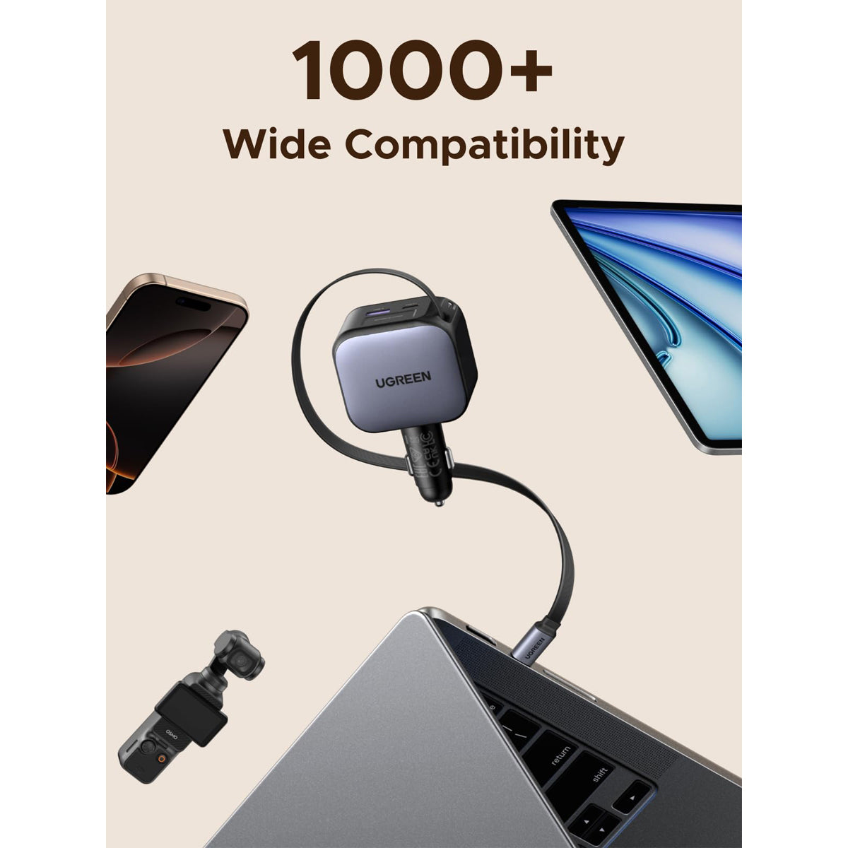 Ugreen Nexode 90W 1xUSB-C + 1xUSB-A Fast Car Charger with Retractable 