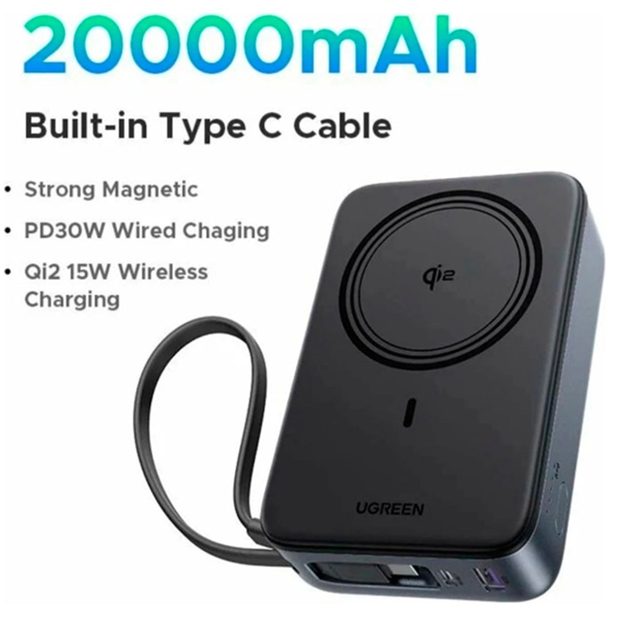 Ugreen 20000mAh Qi2 Magnetic Wireless 30W Power Bank with USB-C Cable