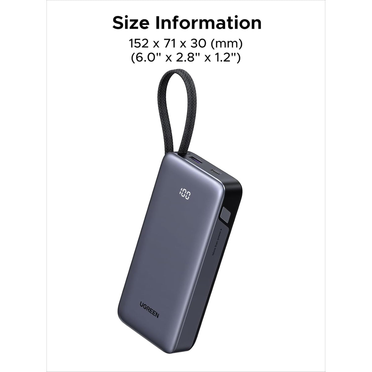 Ugreen 20000mAh 45W Power Bank with Built-in Cable (Grey)