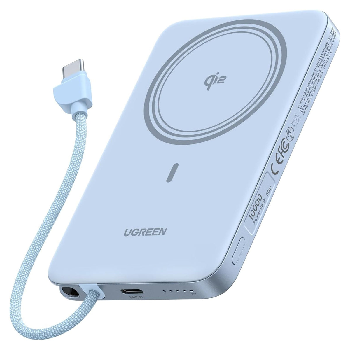 Ugreen MagFlow Air 10000mAh 30W 1xUSB-C + 15W Qi2 Magnetic Wireless Fast Charging Power Bank with 30W USB-C Built-in Cable (Gray, White, Light Blue)