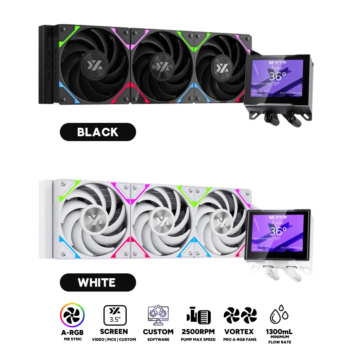 XYZ HydroView AIO 360 ARGB Liquid Cooler with Temperature Display (Black, White)