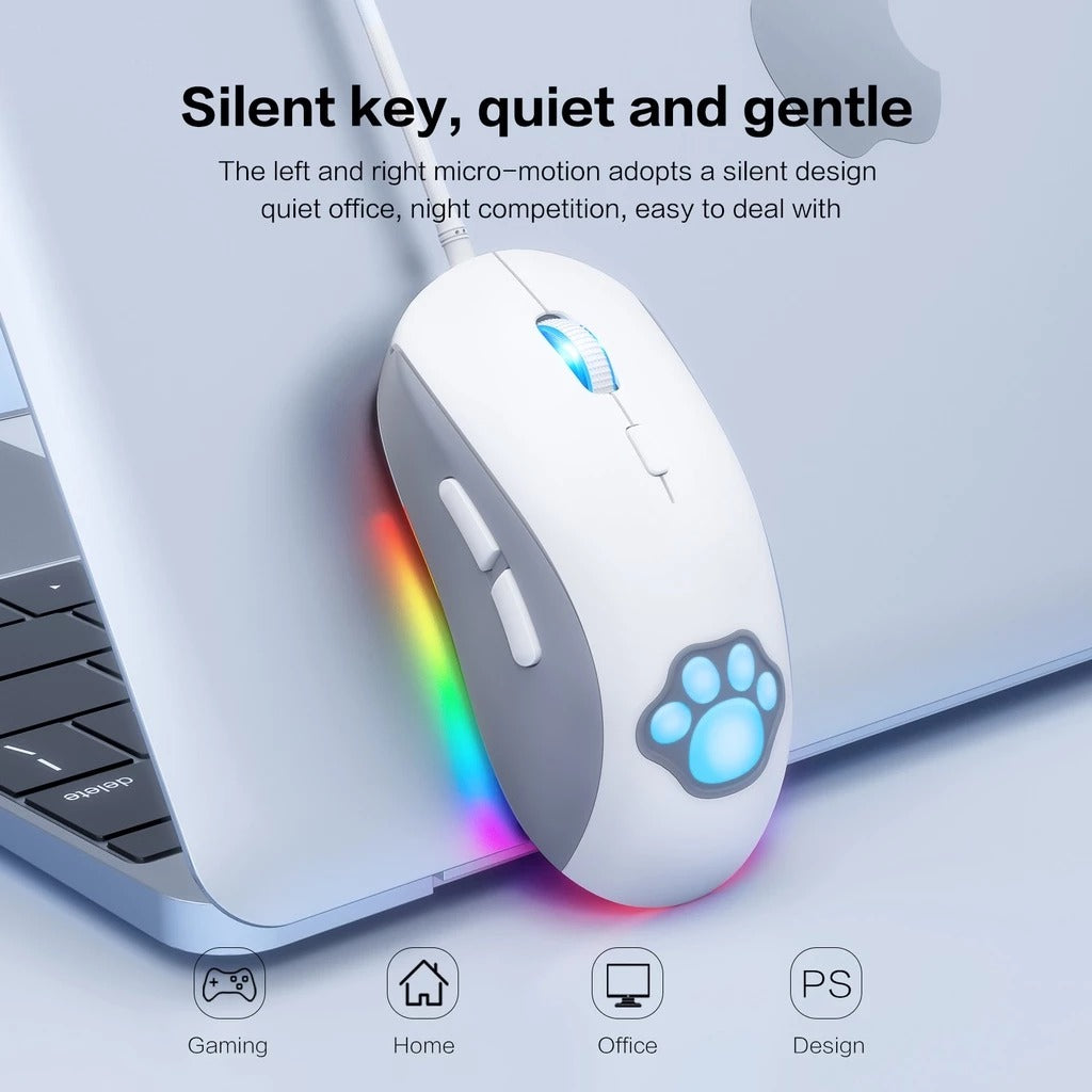 Onikuma CW918 Cat Paw RGB Wired Professional Gaming Mouse (White)