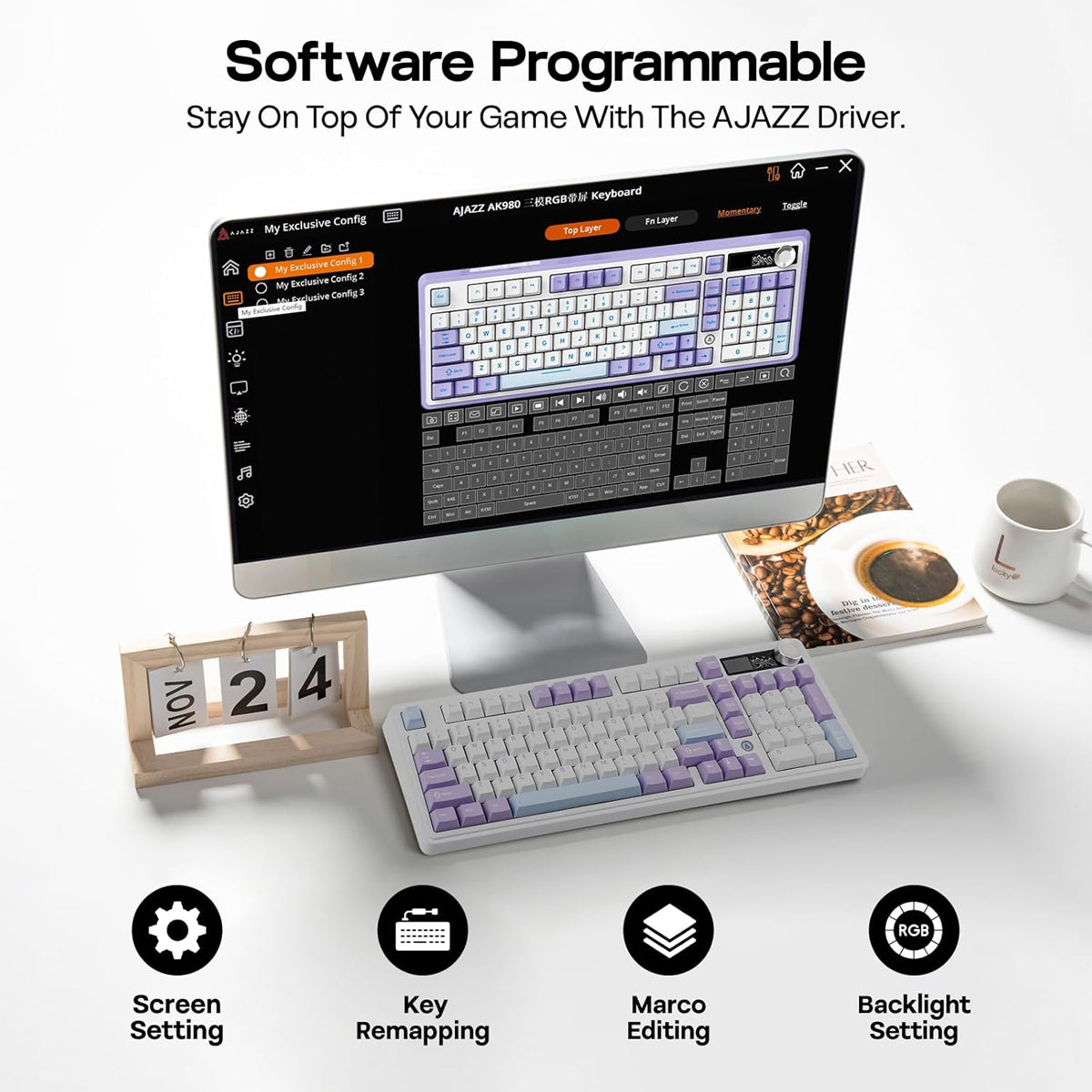 Ajazz AK980 V2 RGB Tri-Mode Mechanical Keyboard with TFT DisplayScreen