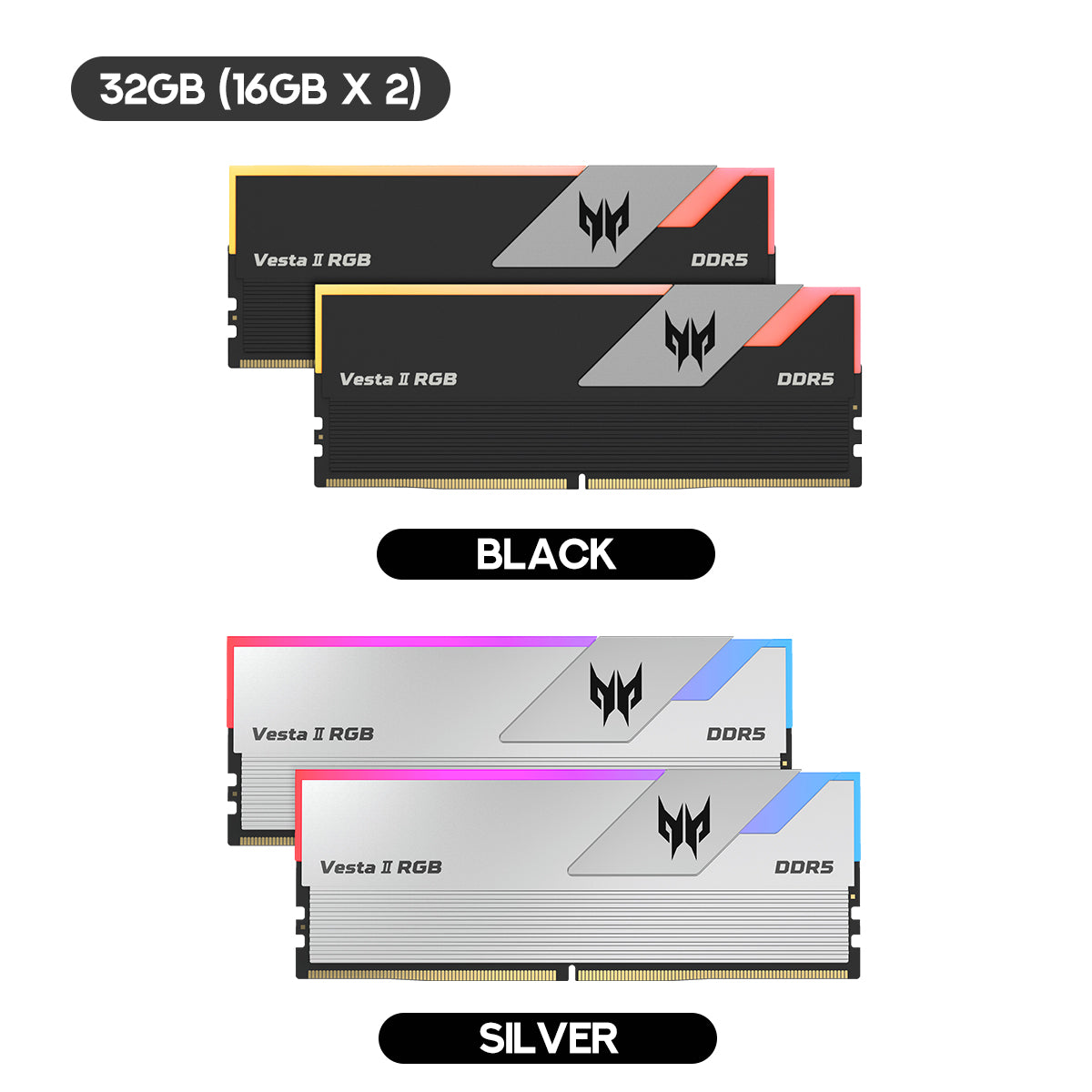 Acer Vesta II 32GB (2x16GB) 6000MHz CL36-45-45-96 AMD EXPO Ready DDR5 UDIMM (Black, Silver) (BL.9BWWR.652, BL.9BWWR.653)