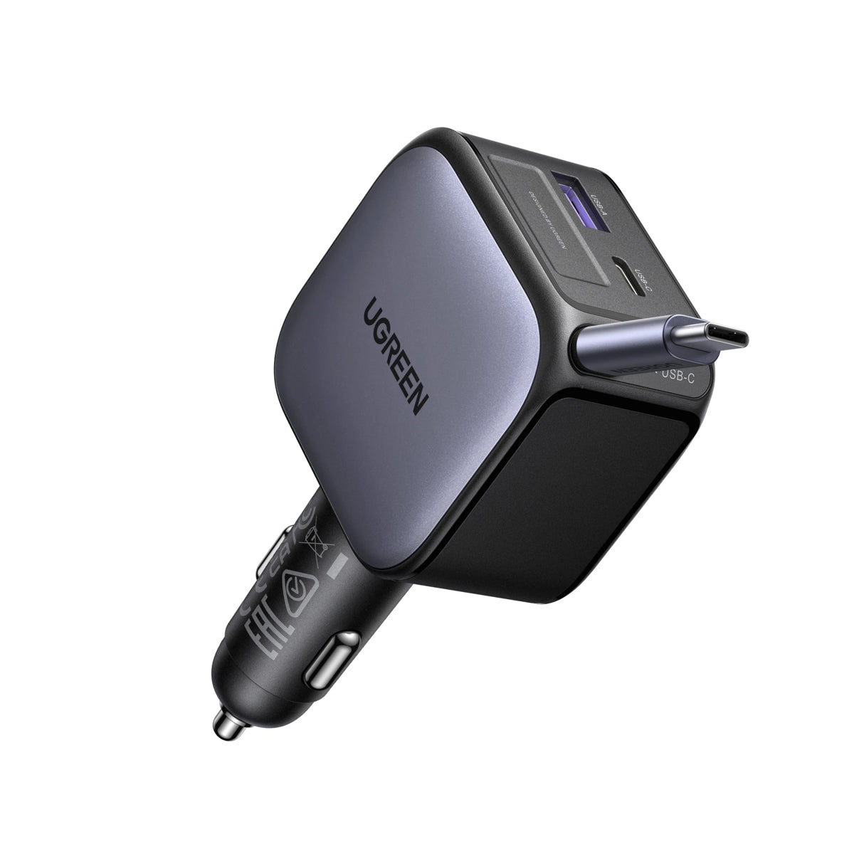Ugreen Nexode 90W 1xUSB-C + 1xUSB-A Fast Car Charger with Retractable 