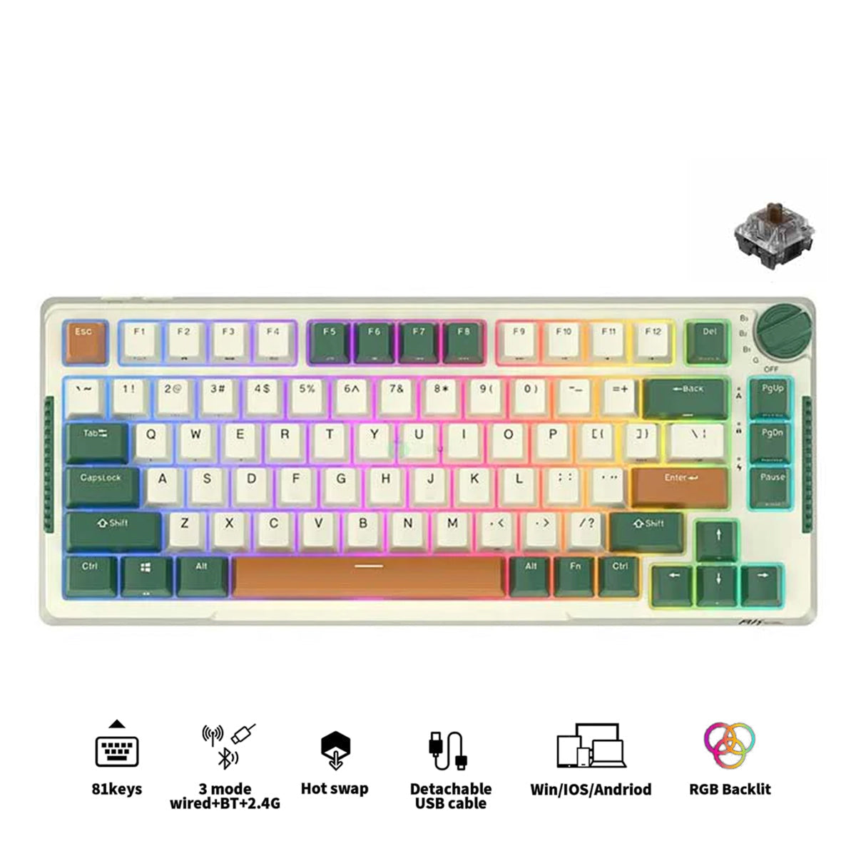 Royal Kludge RK-H81 Tri-Mode RGB 81 Keys Hot Swappable Mechanical Keyboard Time Machine (Brown Switch)
