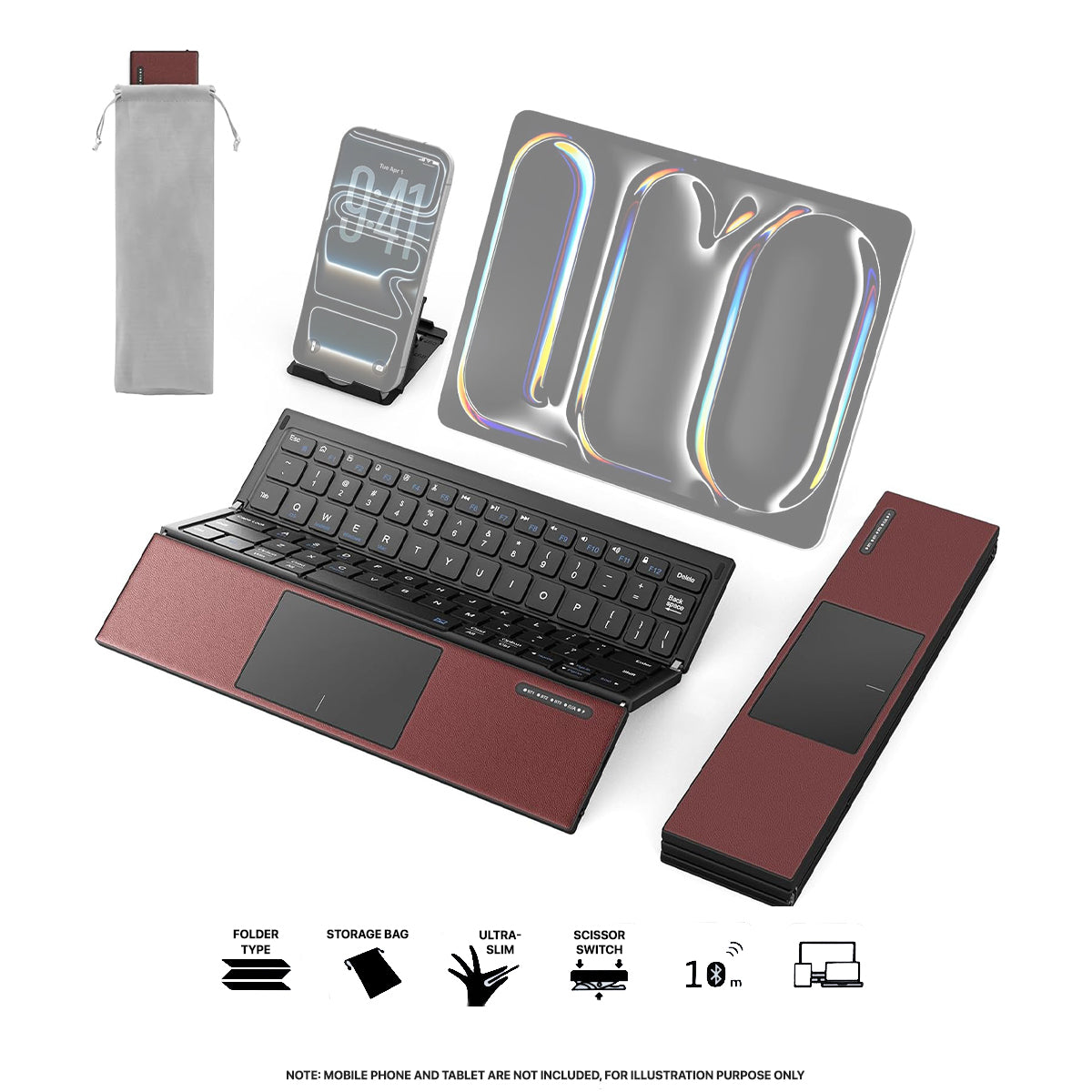 Harmonica Z01 Tri-Fold Keyboard with Touchpad (Wine Red)