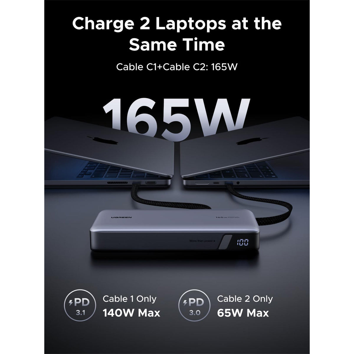 Ugreen 25000mAh 165W Power Bank with Built-in Cable (Space Grey)