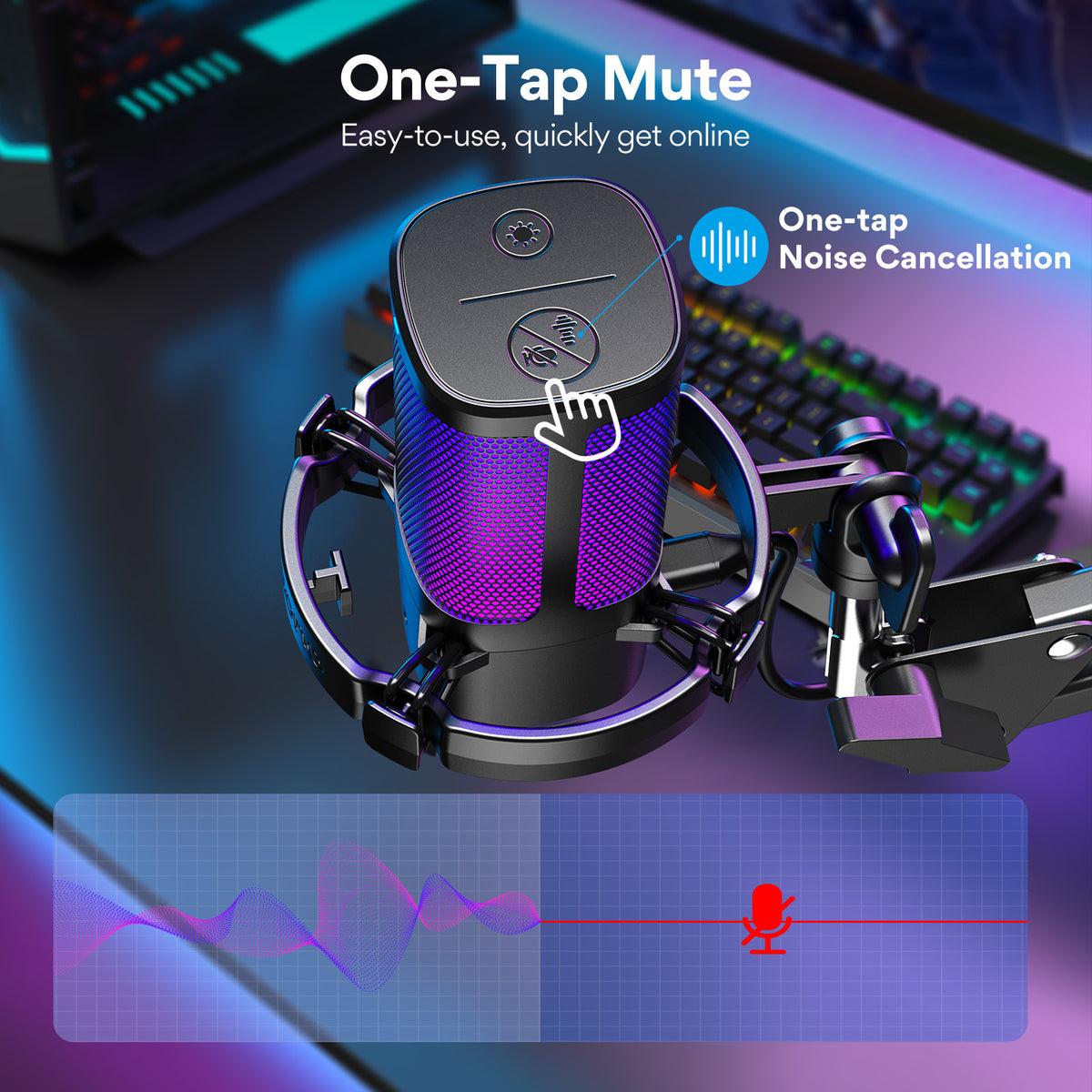 Maono DGM20G S GamerWave USB RGB Condenser Noise Canceling Microphone with Boom Arm