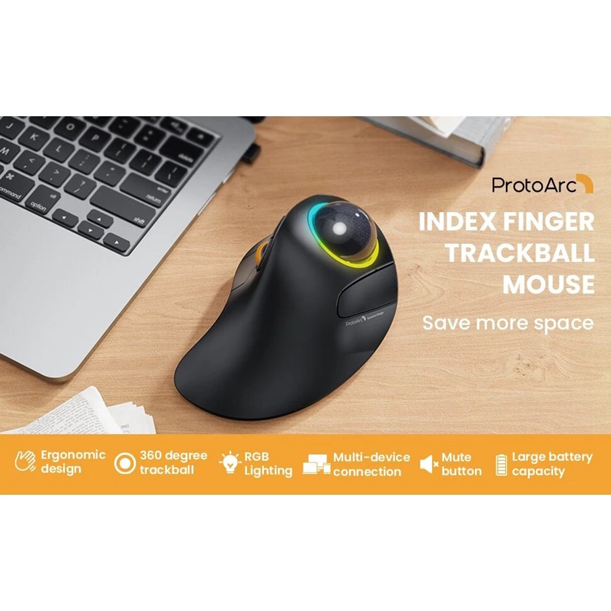 ProtoArc EM03 RGB Rechargeable Trackball Mouse (Black + Grey Ball) (CP012827)