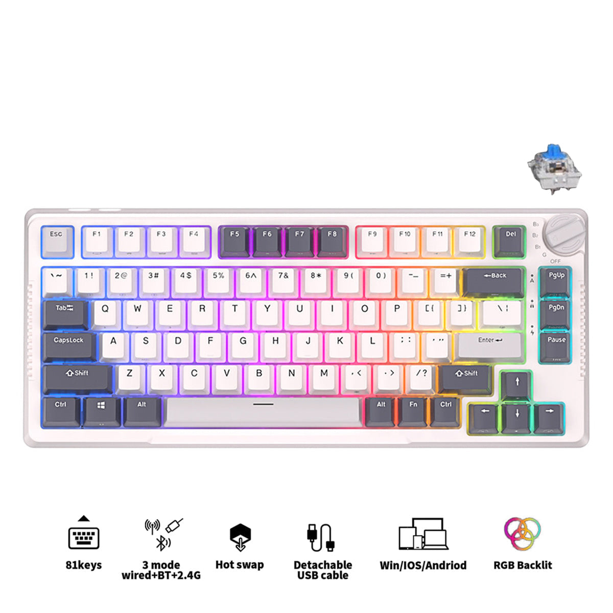 Royal Kludge RK-H81 Tri-Mode RGB 81 Keys Hot Swappable Mechanical Keyboard White Night (Blue Switch)