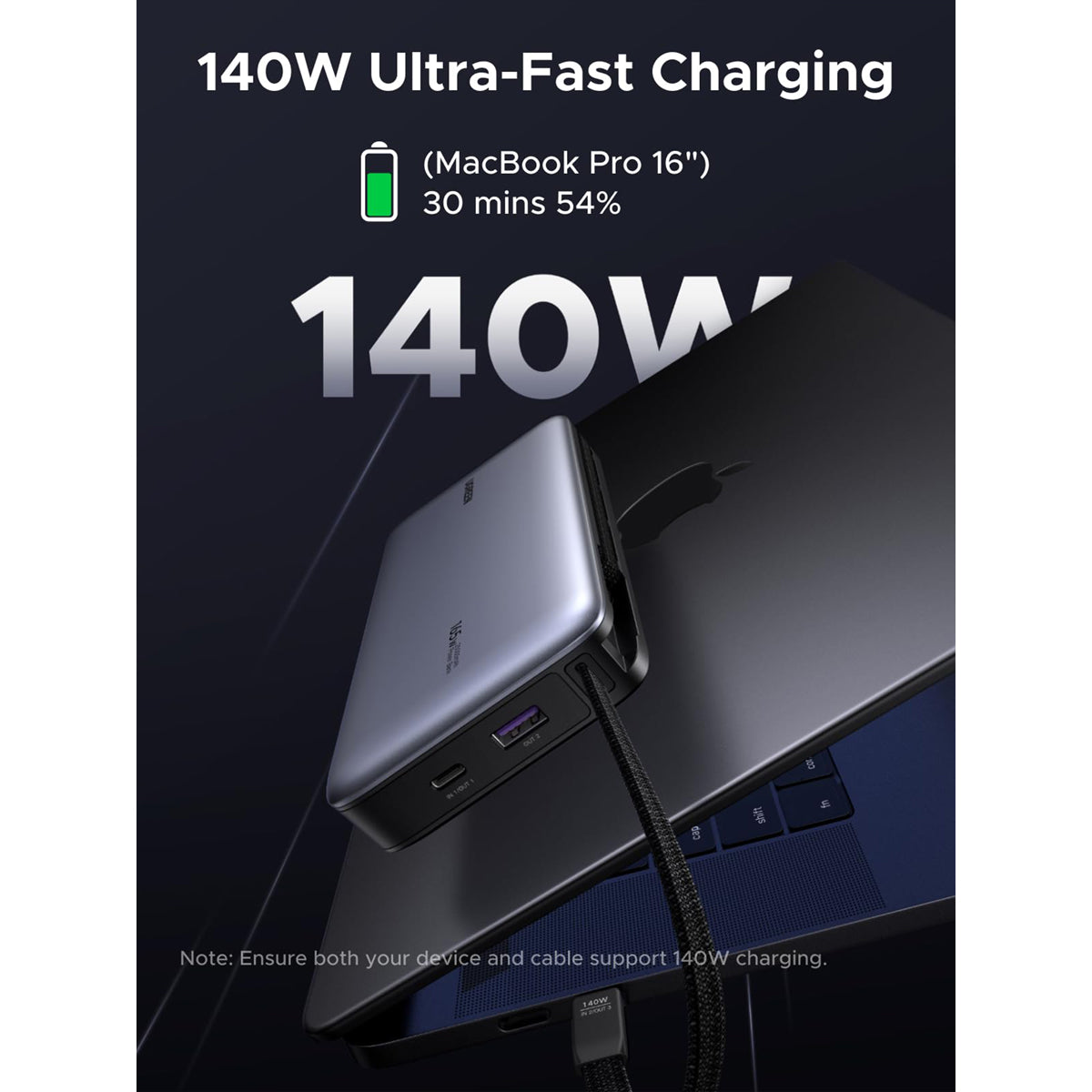 Ugreen 25000mAh 165W Power Bank with Built-in Cable (Space Grey)
