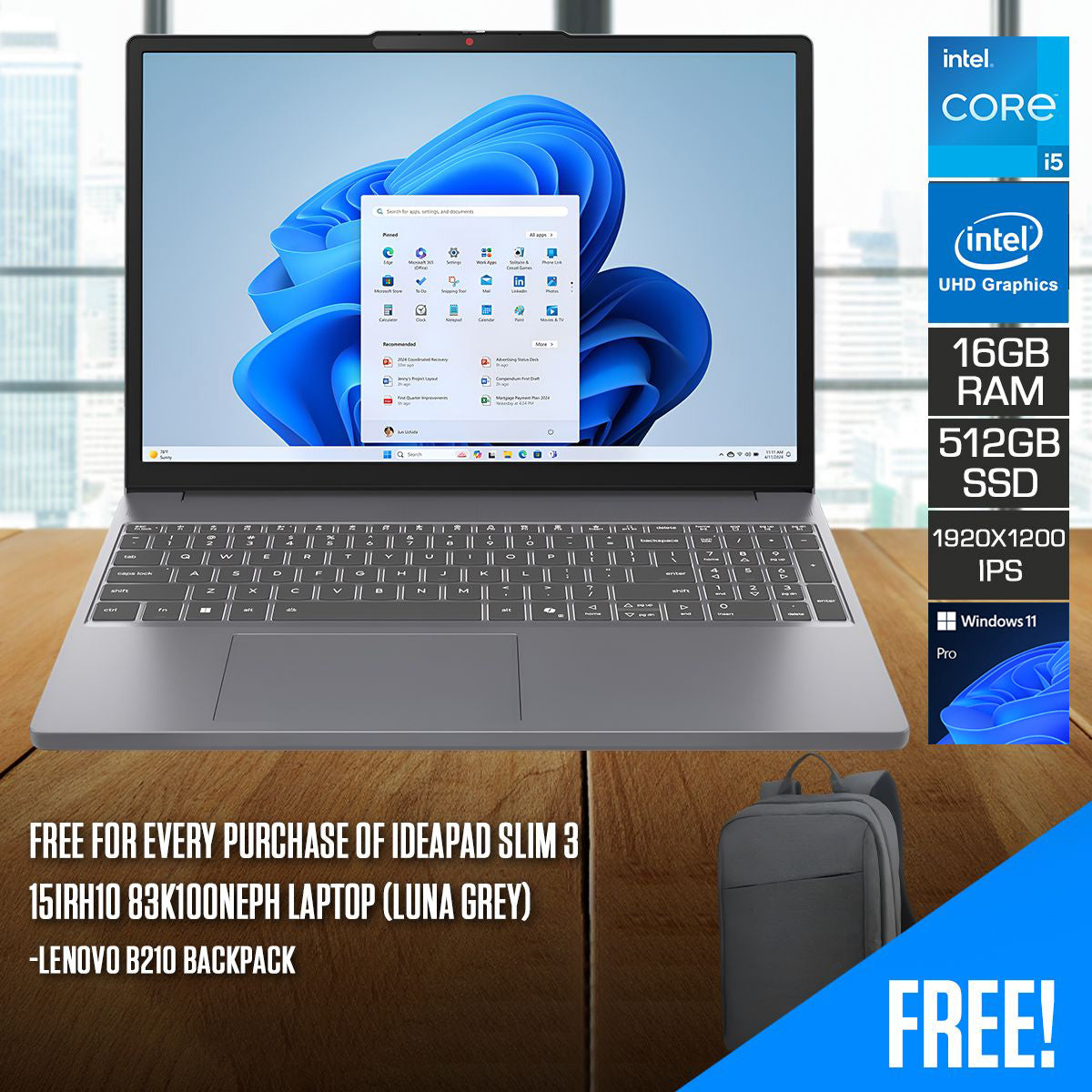Lenovo IdeaPad Slim 3 15IRH10 83K100NEPH Laptop (Luna Grey) | 15.3" WUXGA (1920x1200) IPS | Core i5-13420H | 16GB RAM | 512GB SSD | Intel UHD Graphics | Windows 11 Pro | Lenovo B210 Backpack