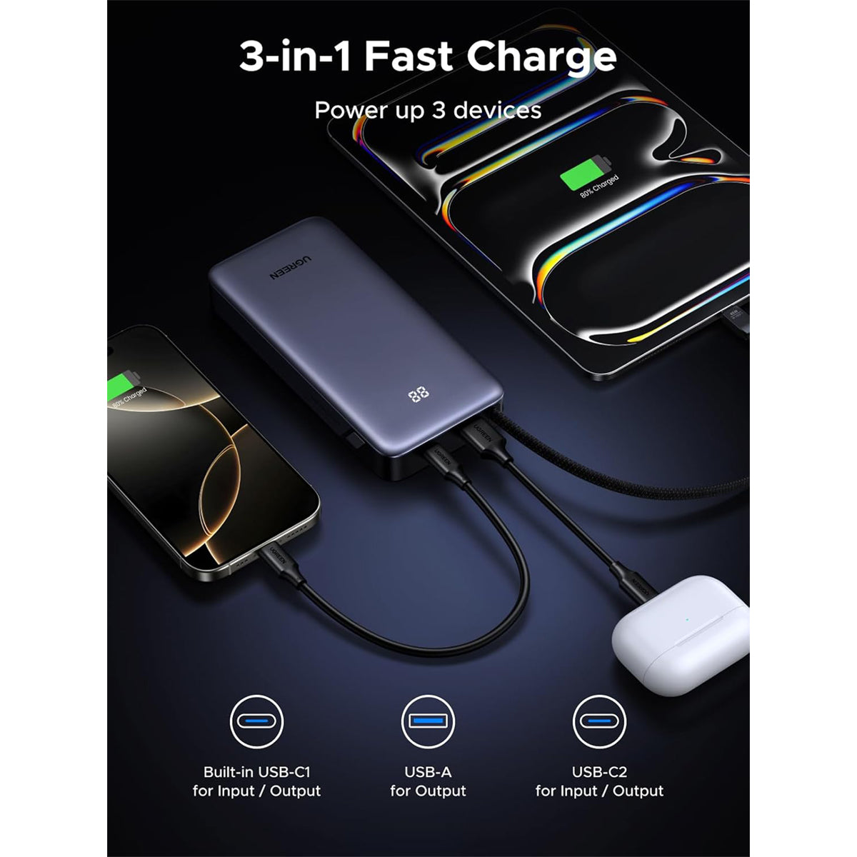 Ugreen 20000mAh 45W Power Bank with Built-in Cable (Grey)