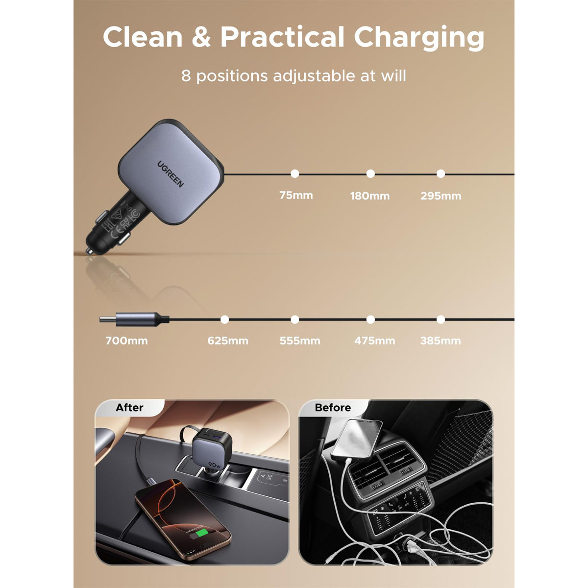 Ugreen Nexode 90W 1xUSB-C + 1xUSB-A Fast Car Charger with Retractable 