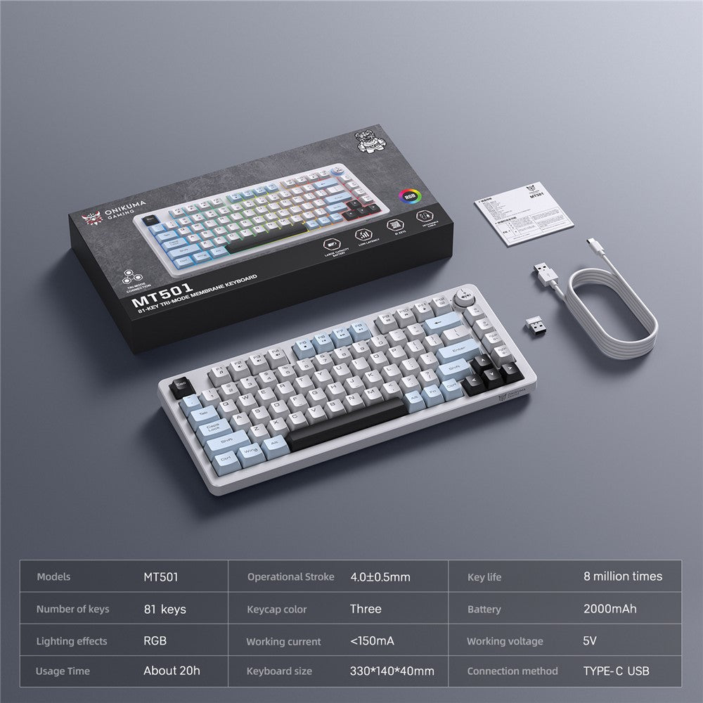 Onikuma MT501 81 Keys RGB Tri-Mode Membrane Keyboard (White)