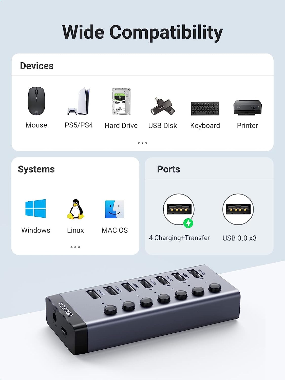 UGreen USB 3.0 7-Port Hub (Gray) (CM481/90305)