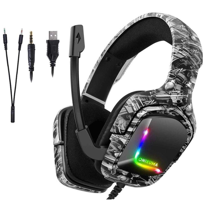 Onikuma K20 Wired Gaming Headset With Microphone RGB Light Noise Cancelling (Camouflage Gray) | DataBlitz