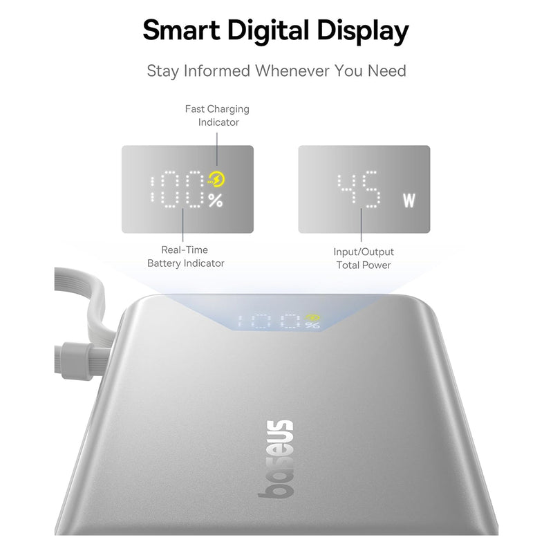Baseus PicoGo Digital Display Power Bank 10000mAh 45W with Built-in USB-C Cable (Galaxy Natural Titanium, Moon White)