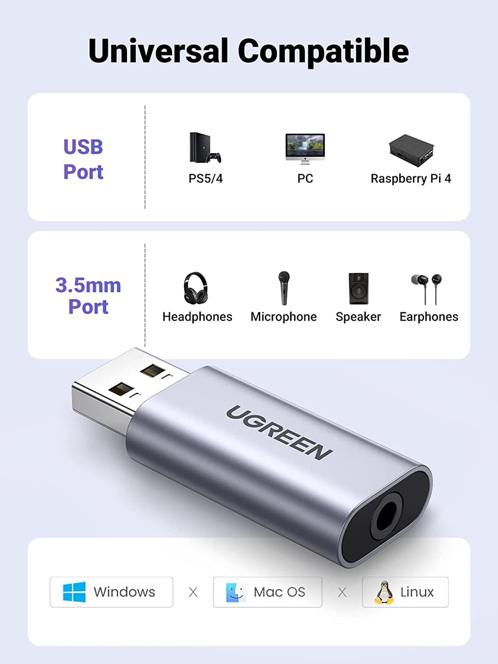U385 Adapter UGreen USB-A To 3.5mm External Stereo Sound Adapter (Gray) (CM383/80864)
