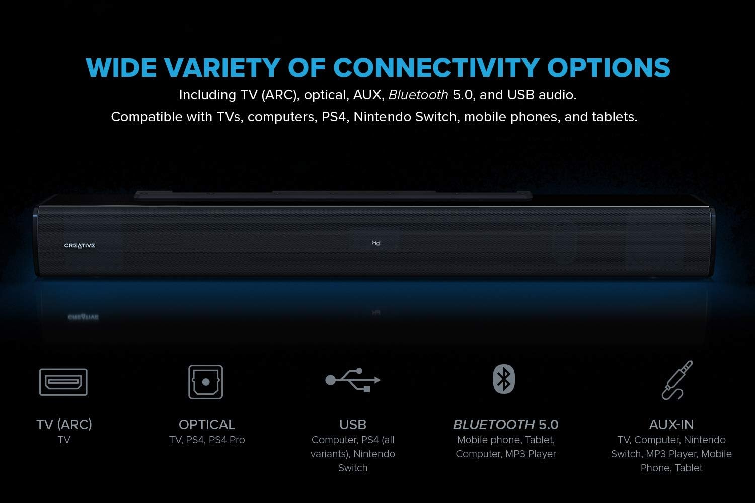 Creative Stage V2 2.1 Soundbar & Subwoofer with Clear Dialog & Surround by Sound Blaster for TV & Desktop Monitor (Black)