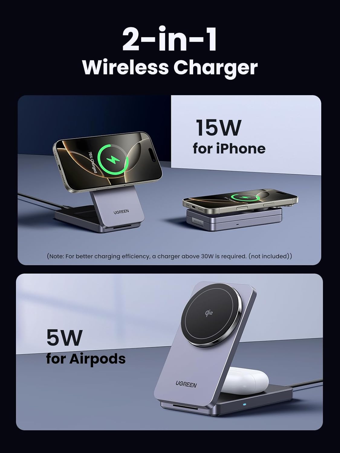 Ugreen 2-in-1 Qi2 Wireless Foldable Charger for IPhone & AirPods 