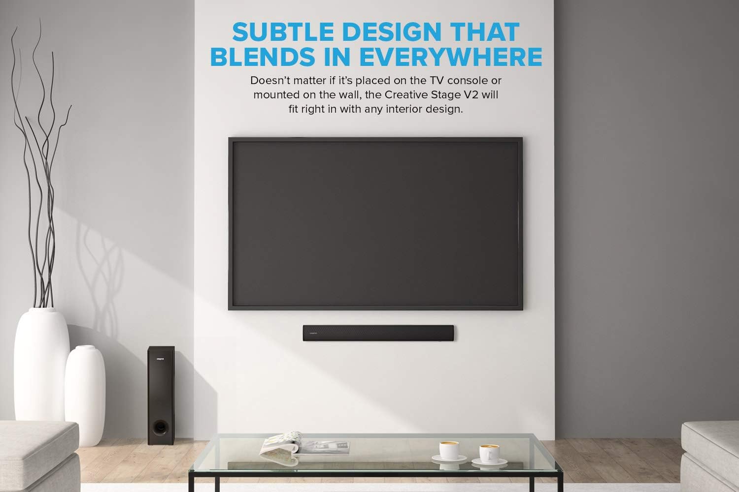 Creative Stage V2 2.1 Soundbar & Subwoofer with Clear Dialog & Surround by Sound Blaster for TV & Desktop Monitor (Black)