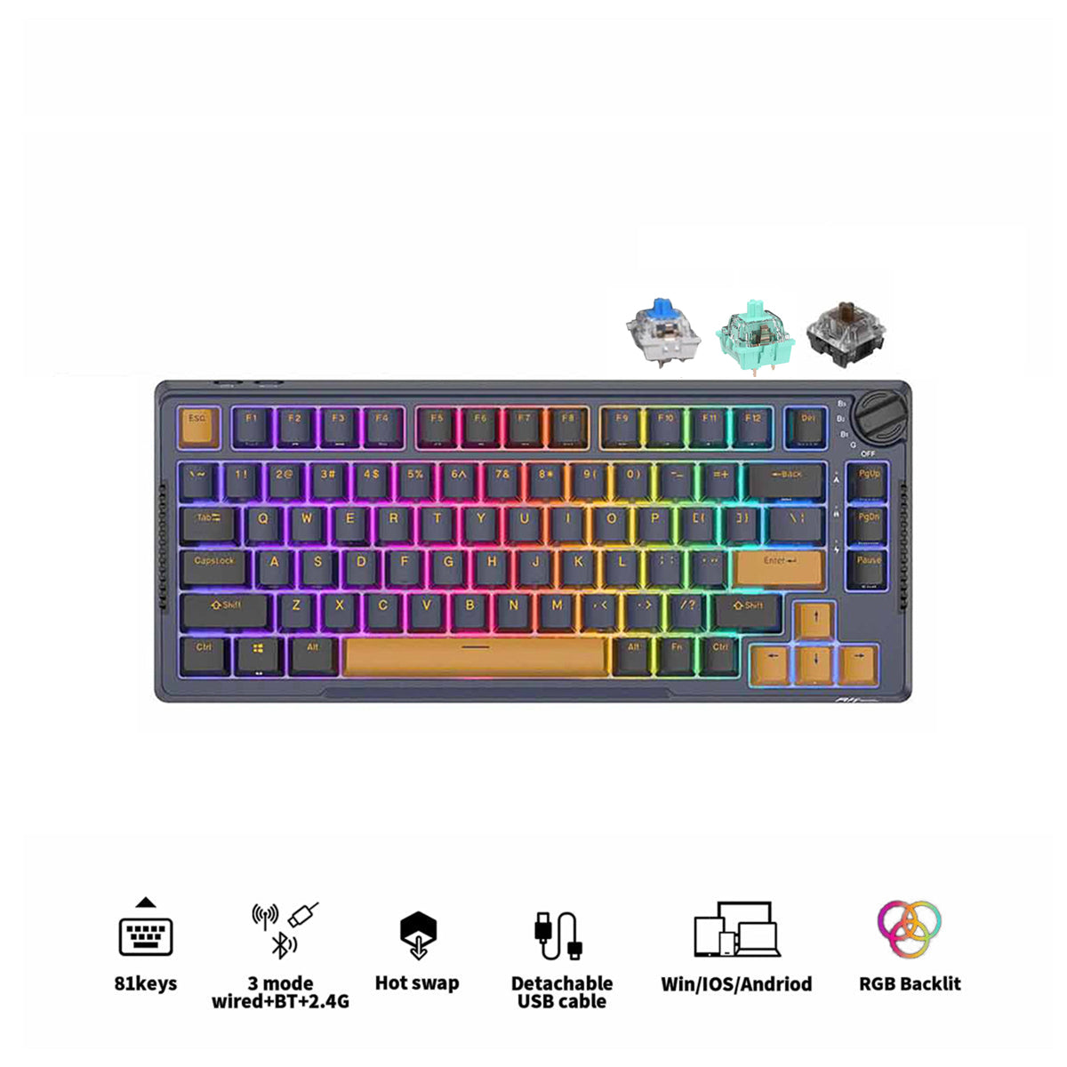 Royal Kludge RK-H81 Tri-Mode RGB 81 Keys Hot Swappable Mechanical Keyboard Star Night (Sky Cyan, Brown, Blue Switch)