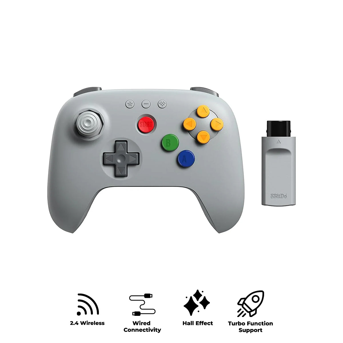 8BitDo 64 2.4G Wireless Controller for Original N64 Console / Analogue 3D / Windows (Grey) (81HK)