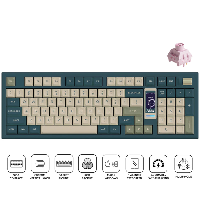 Akko 5098B Ink Green Multi-Mode RGB Hot-Swappable Mechanical Keyboard with 1.47" TFT Screen & Vertical Knob (Ice Cream Pink Switch)