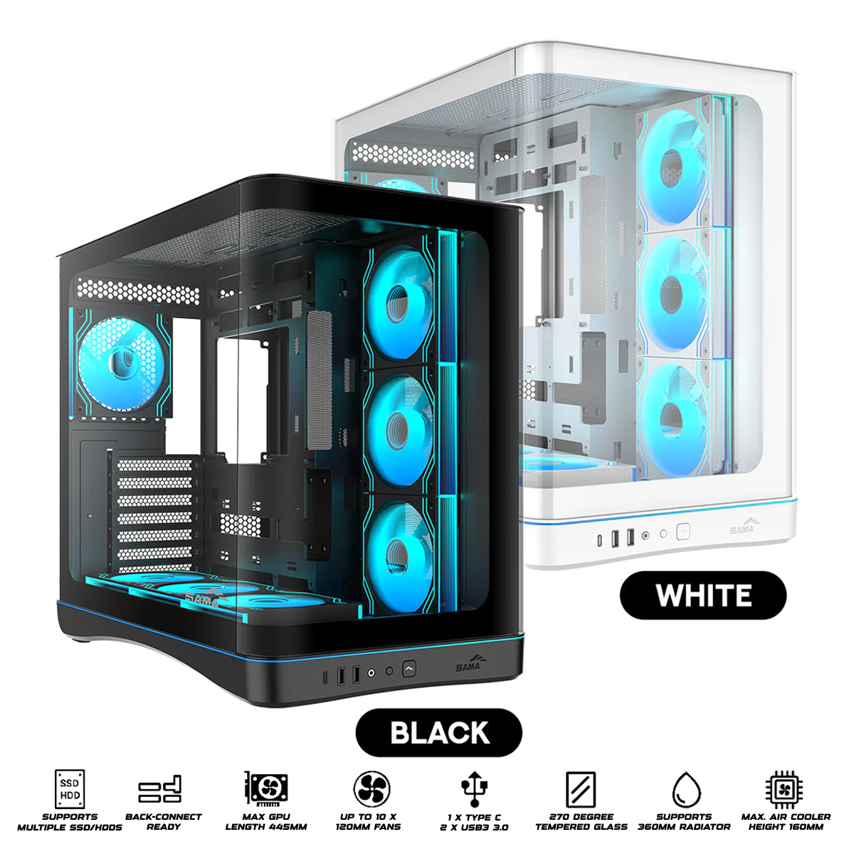 Sama V62 Mid-Tower Curved Panoramic TG Panel PC Case with 7x Pre-Installed ARGB Infinity Fans (Black, White) (V62-BKADA7X1-GL, V62-WHADA7X1-GL)