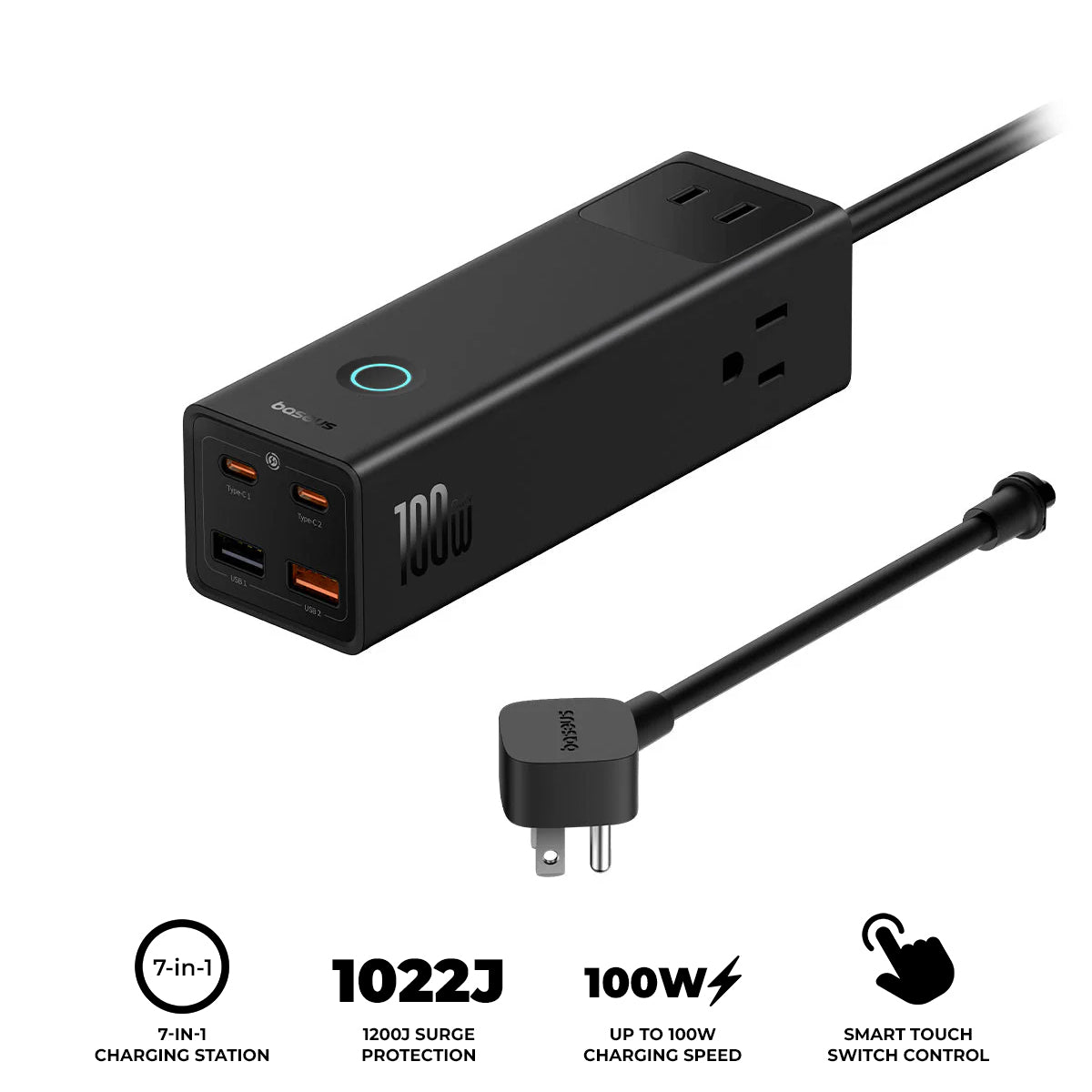 Baseus PowerCombo Pro PowerStrip 3AC+2U+2C 100W with 1.5m Power Cord (Cluster Black) (E00023509113-00)