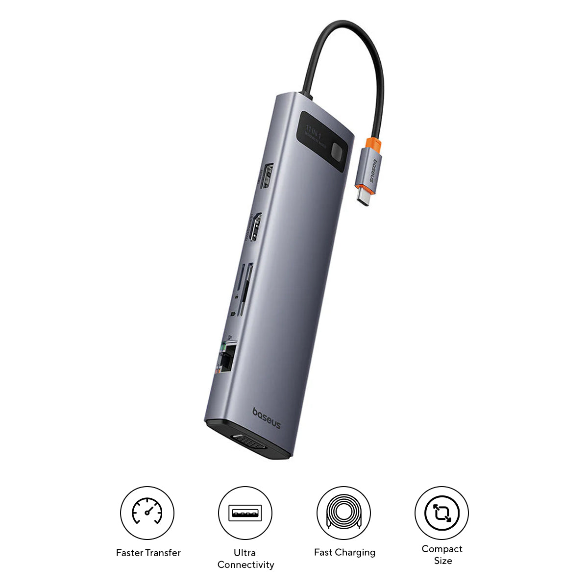 Baseus Metal Gleam Series 11-Port Hub USB-C to HDMI 4K@60Hz + VGA + 3xUSB 3.0 + USB 2.0 + USB-C PD + RJ45 + SD/TF + 3.5mm (Space Grey) (B00030709811-00)