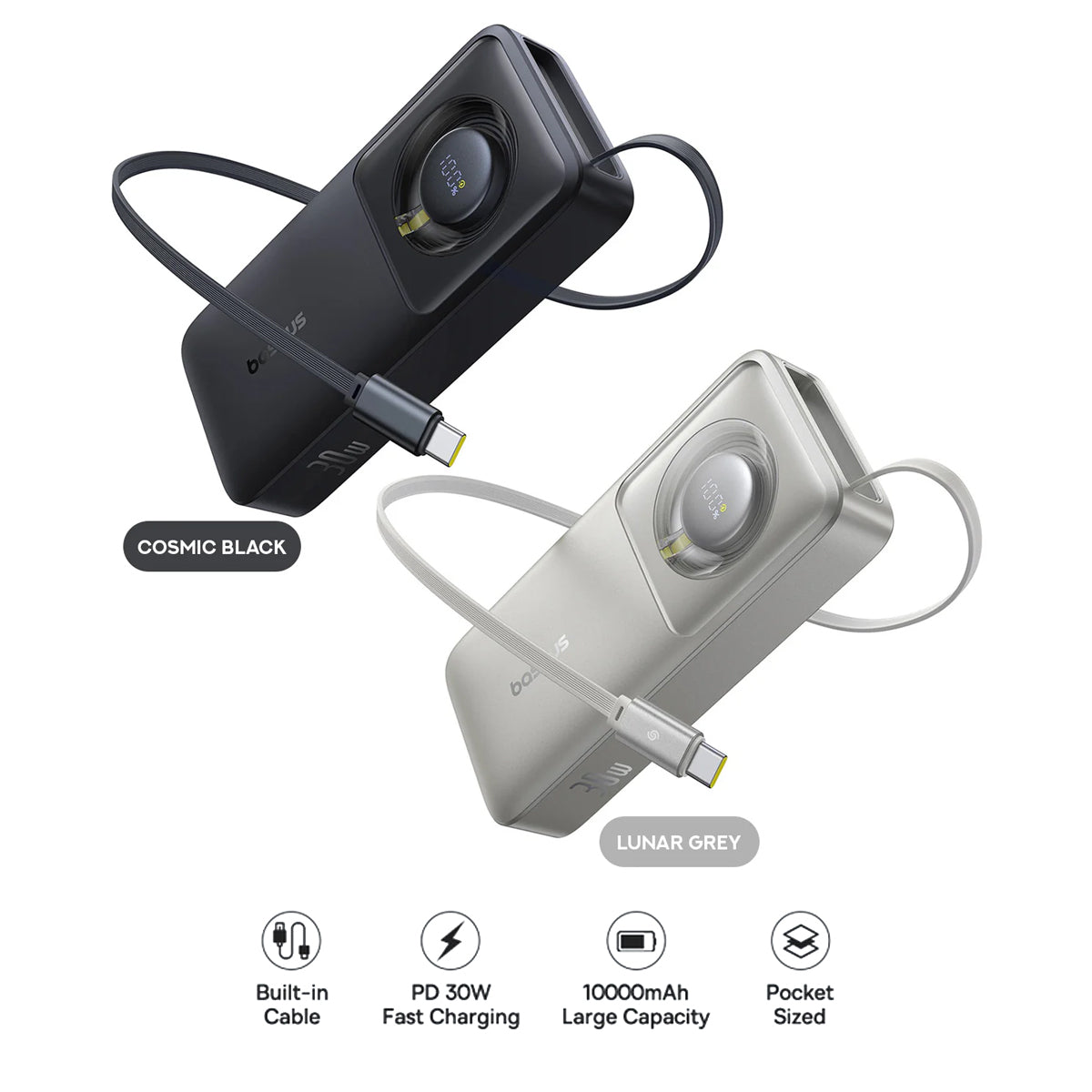 Baseus Free2Pull Power Bank 10000mAh 30W with Retractable USB-C Cable (Cosmic Black, Lunar Grey)