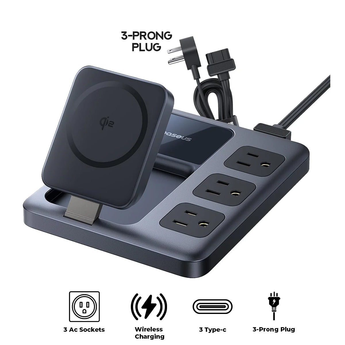 Baseus Nomos 8-in-1 Slim Charging Station Qi2 3AC+1U+3C+ Magnetic Wireless 67W 1.5m (Cosmic Black) (E00078800123-00)