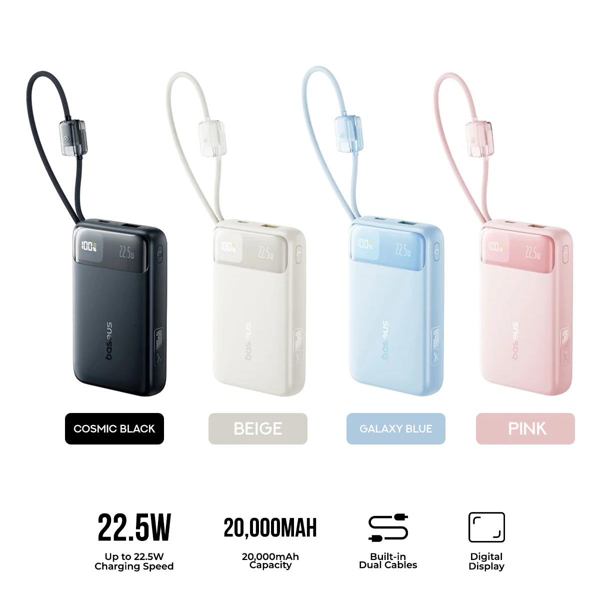 Baseus EnerFill FC11 Digital Display Power Bank with Dual Built-in Cables 20000mAh