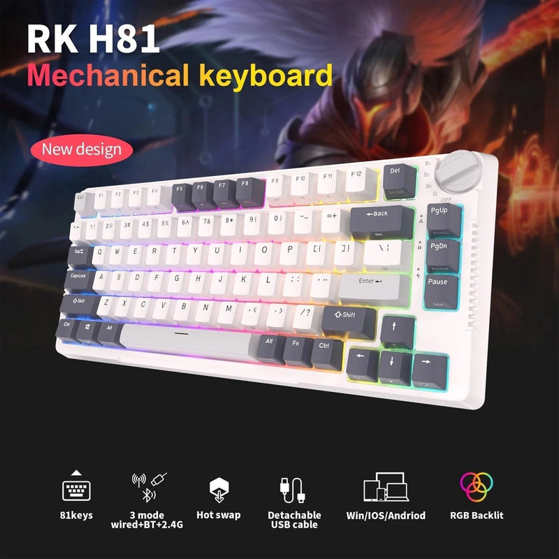 Royal Kludge RK-H81 Tri-Mode RGB 81 Keys Hot Swappable Mechanical Keyboard White Night (Brown Switch)