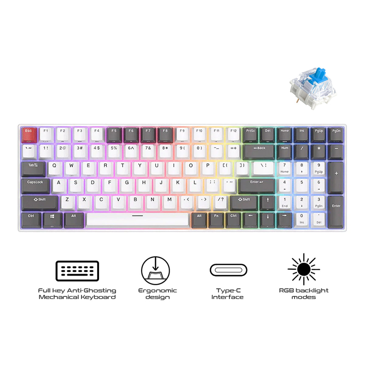 Royal Kludge RK100 Tri-Mode RGB 100 Keys Hot Swappable Mechanical Keyboard Grey/Red/White (Blue Switch)