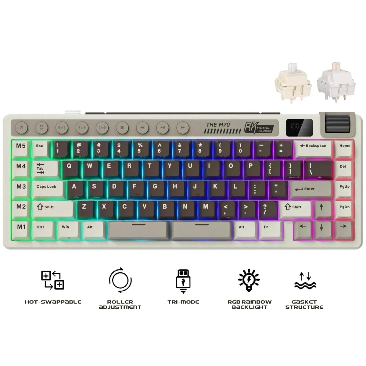 Royal Kludge RK M70 Tri-Mode RGB 73 Keys Hot-Swappable Mechanical Keyboard Mocha Grey