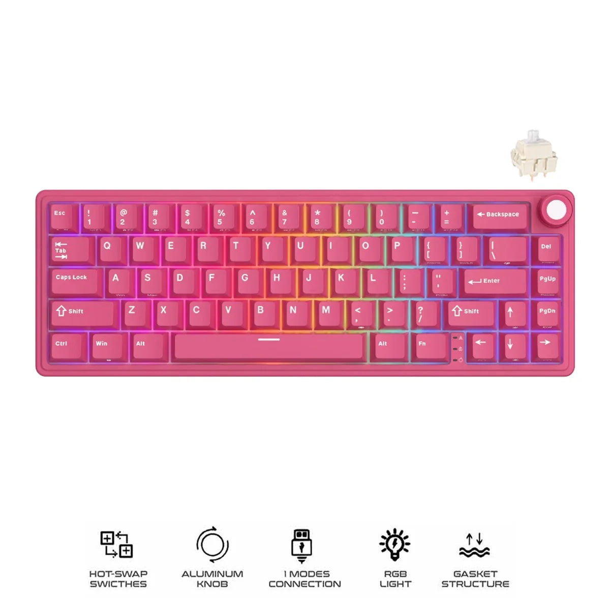 Royal Kludge R65 Single-Mode RGB 66 Keys Hot-Swappable Mechanical Keyboard Berry Red (Cream Switch, Beige Switch)