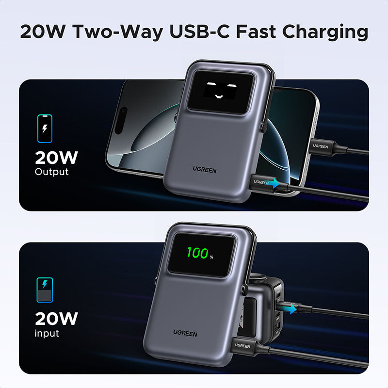 Ugreen Uno 10000mAH Mini Magnetic Wireless 20W Power Bank with Built-In Stand (Gray)