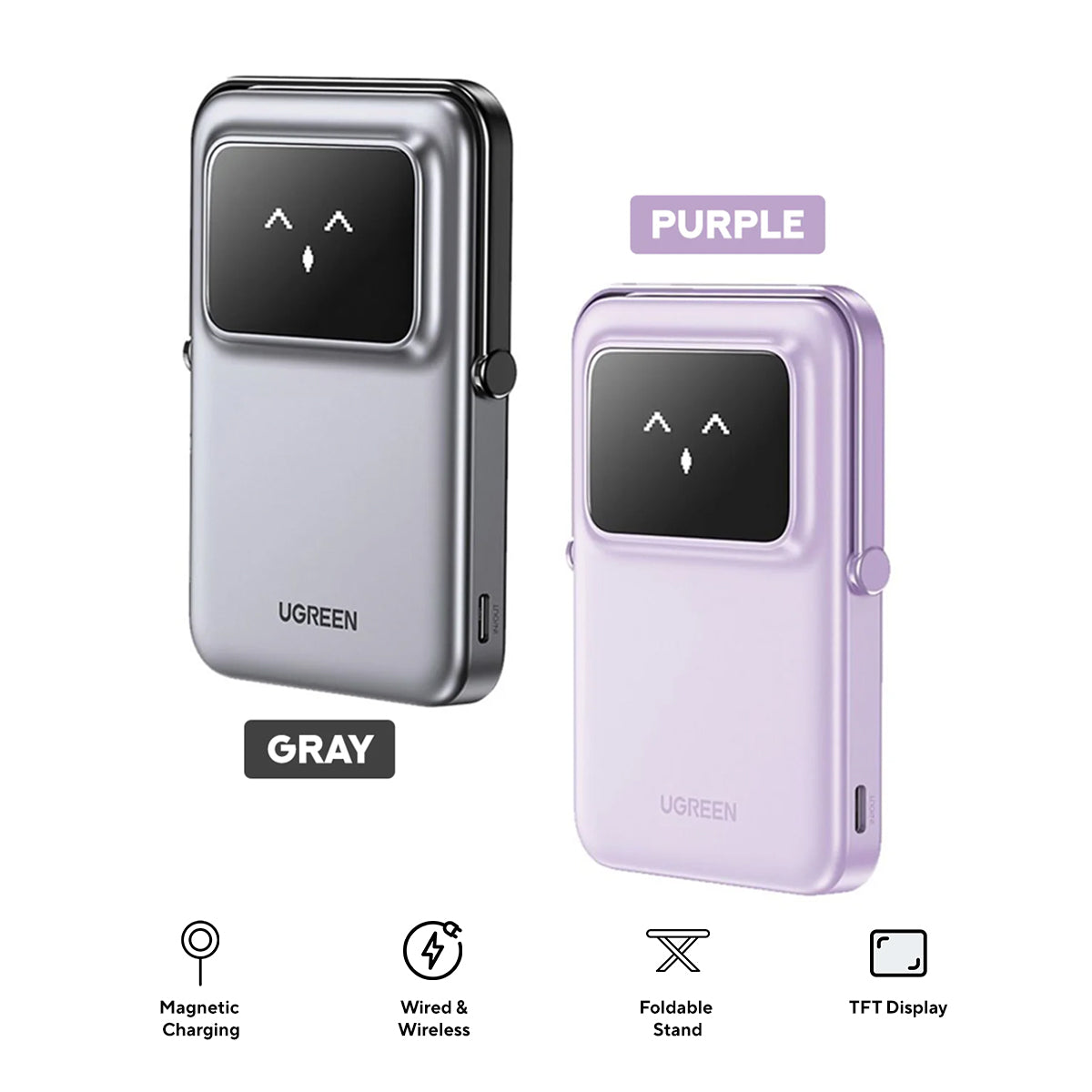 Ugreen Uno 5000mAh Mini Magnetic Wireless 20W Power Bank with Built-in Stand (Gray, Purple)