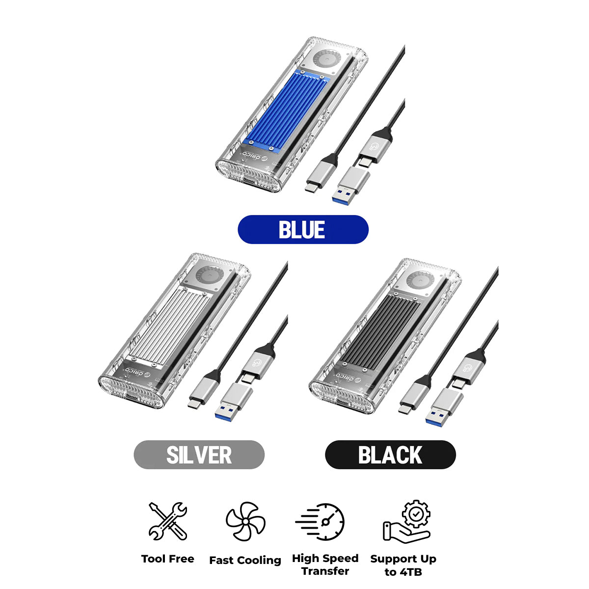 Orico M.2 NVMe SSD Enclosure - 20Gbps Type-C (Silver, Blue, Black)